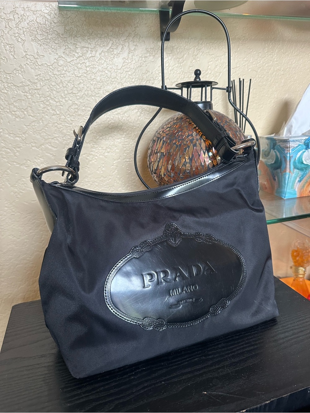 Authentic Prada black Tessuto Nylon Shoulder Bag with Leather Plaque